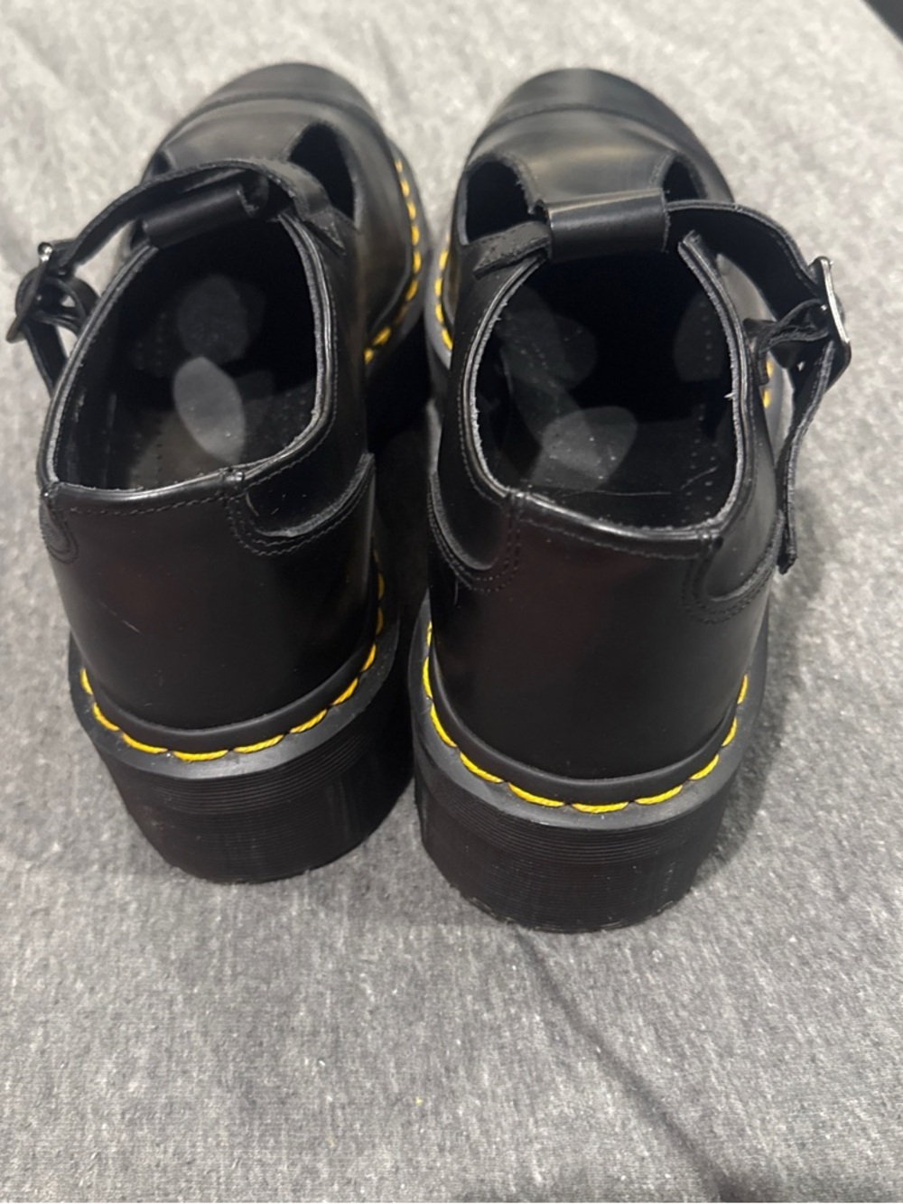 Doc Martens Black Leather Mary Jane Shoes with Yellow Stitching